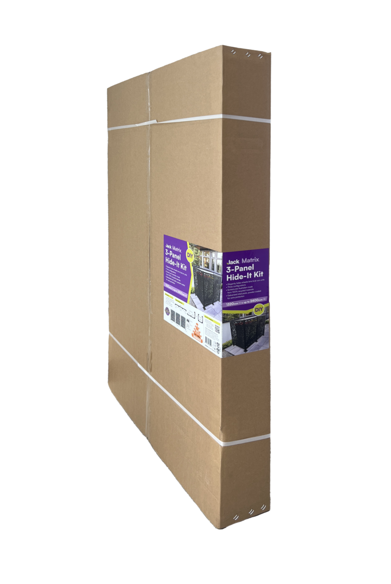 Packaged box view of Jack 3-Panel Hide-It Kit, showcasing compact design for easy transport and delivery.